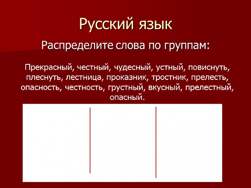 Русский язык Распределите слова по группам: Прекрасный, честный, чудесный, устный, повиснуть, плеснуть, лестница, проказник,